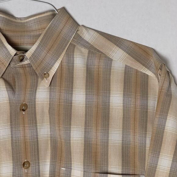 VTG Eddie Bauer Men’s M Button Front Shirt Beige Brown Tan Plaid Long Sleeve EUC - Picture 1 of 9